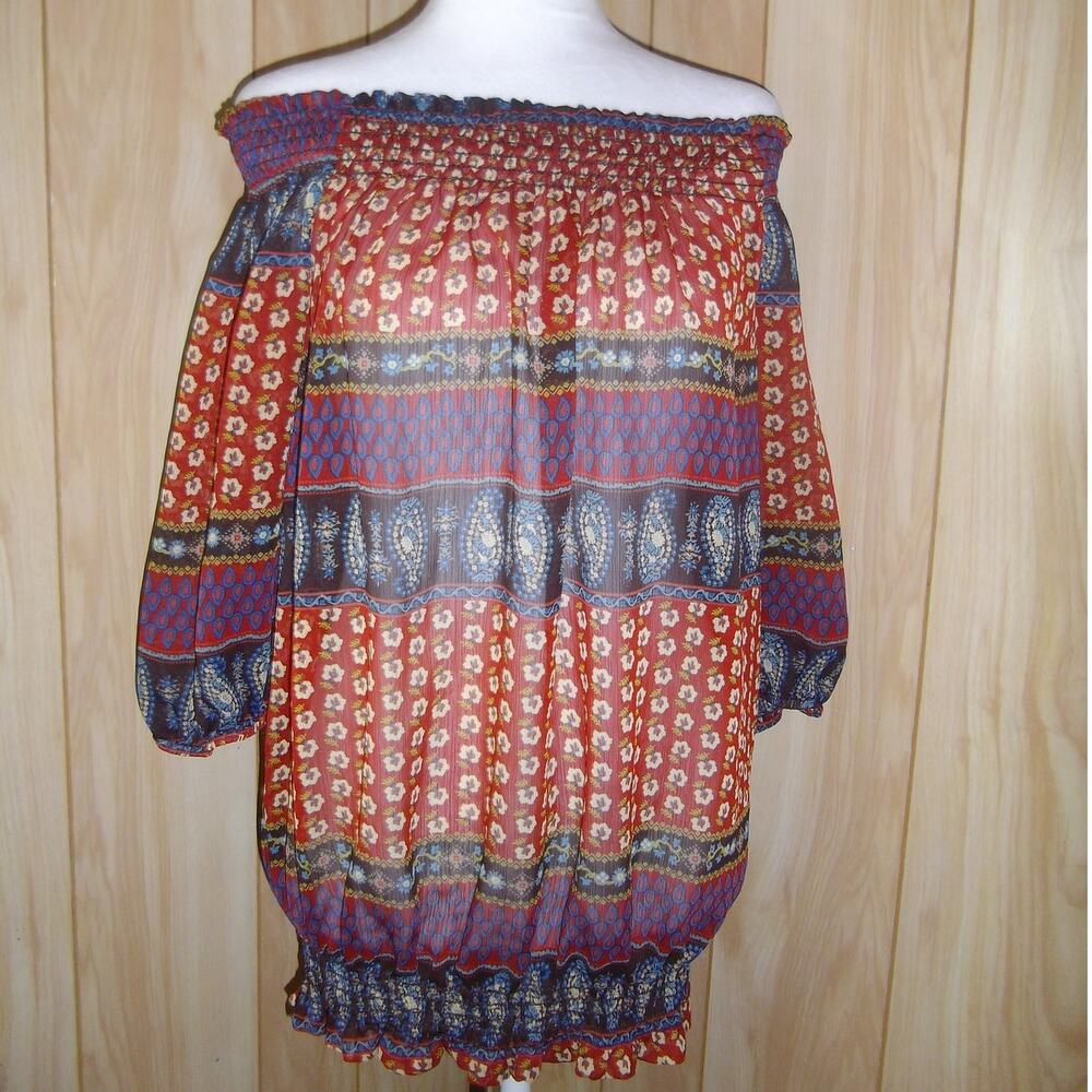 B.tru Red & Blue Ruffled Sheer Off the Shoulder or Scoop Neck 3/4 Sleeve Top L